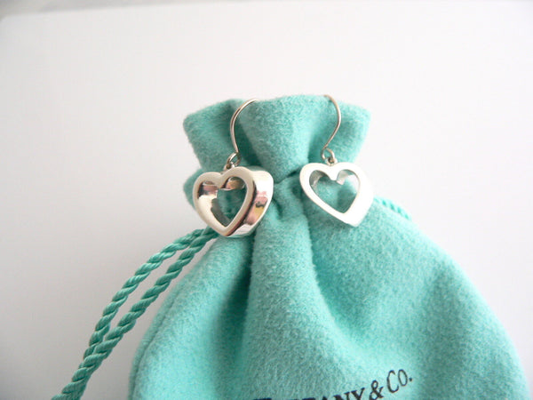 Tiffany & Co Silver Modern Geometric Heart Dangle Dangling Earrings Gift Pouch