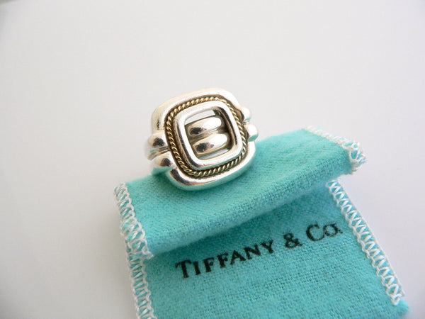 Tiffany & Co Silver 18K Gold Rope Square Ring Band 6 Rare Gift Pouch Love