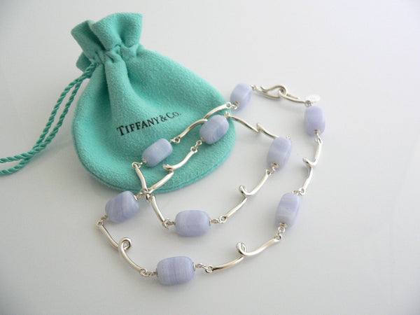 Tiffany & Co Blue Chalcedony Necklace Gemstone Twirl  Pendant Chain Love Gift