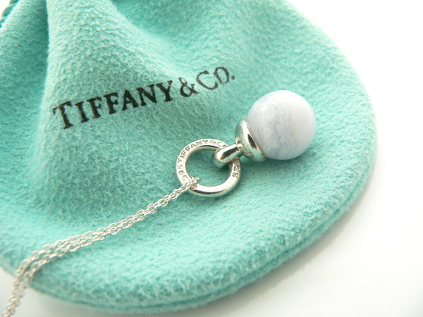 Tiffany & Co Silver Blue Chalcedony Fascination Bead Necklace Pendant Gift Pouch