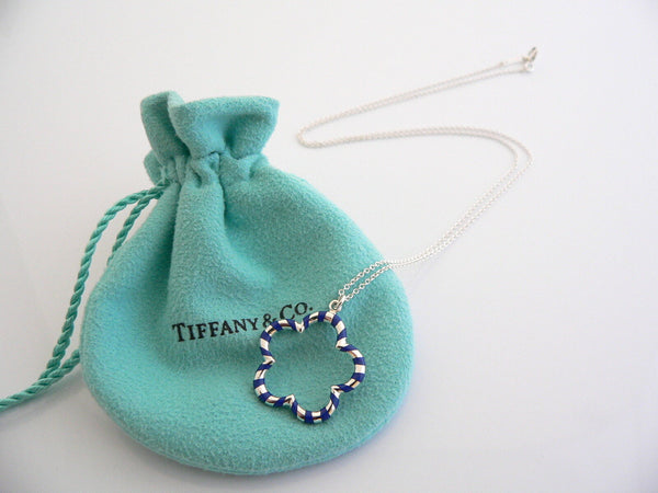 Tiffany & Co Silver Blue Flower Necklace Pendant Charm Chain Palina Gift Pouch