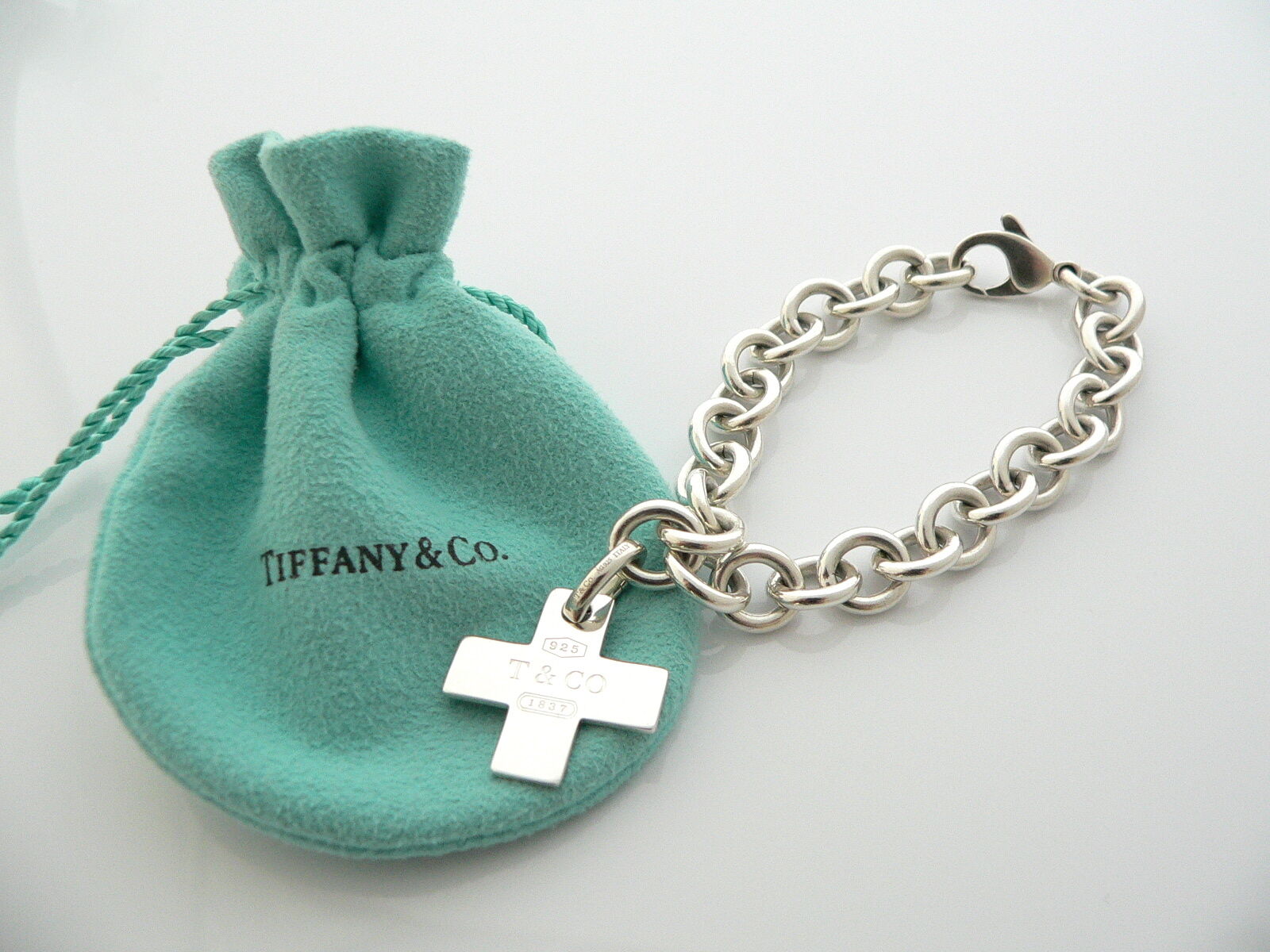 Tiffany & Co Silver 1837 Cross Bracelet Bangle Charm Clasp Gift Pouch Love Rare