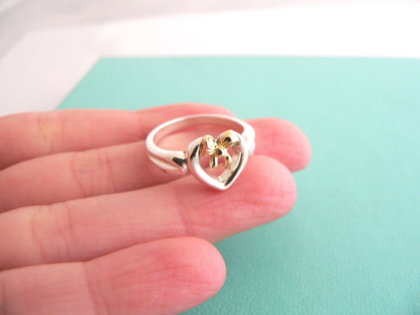 Tiffany & Co Silver 18K Gold Heart Ribbon Bow Ring Band Sz 6 Rare Gift Love