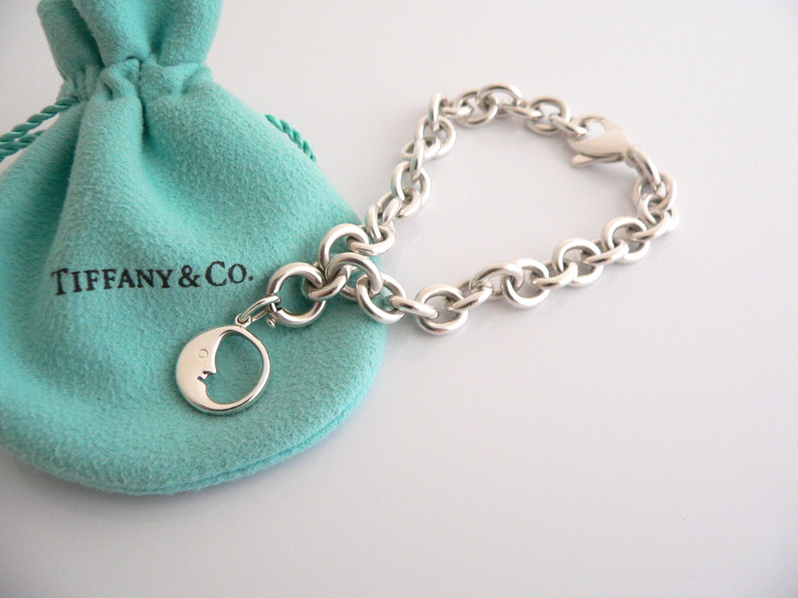 Tiffany & Co Silver Moon Bracelet Bangle Charm Pendant Chain Gift Pouch Love