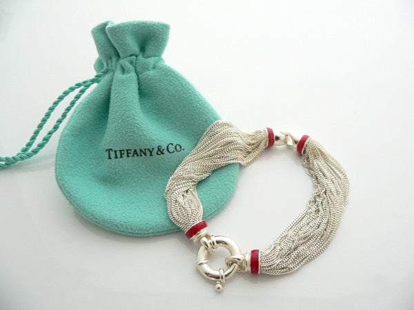 Tiffany & Co Silver Red Enamel Strand Bracelet Bangle Lifesaver Rare Gift Pouch