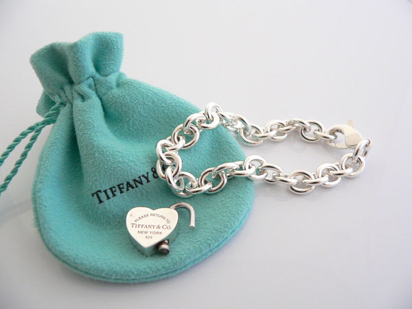 Tiffany & Co Silver Return Heart Padlock Charm Bracelet Bangle Gift Pouch Love