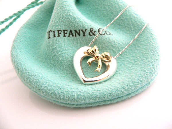 Tiffany & Co Silver 18K Gold Heart Ribbon Bow Necklace Pendant Charm 18 In Long