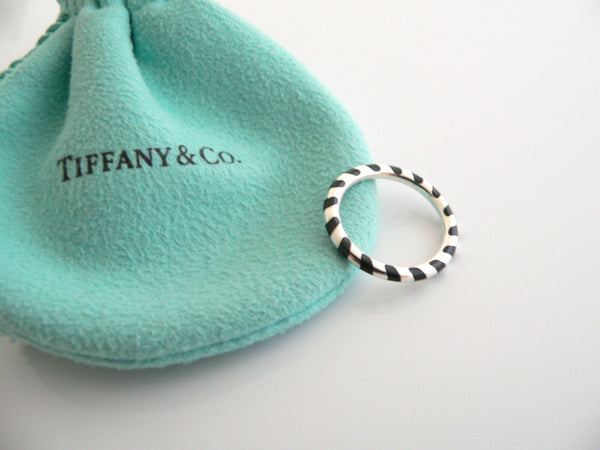 Tiffany & Co Silver Black Enamel Stripe Striped Stacking Ring Sz 5 Gift Pouch