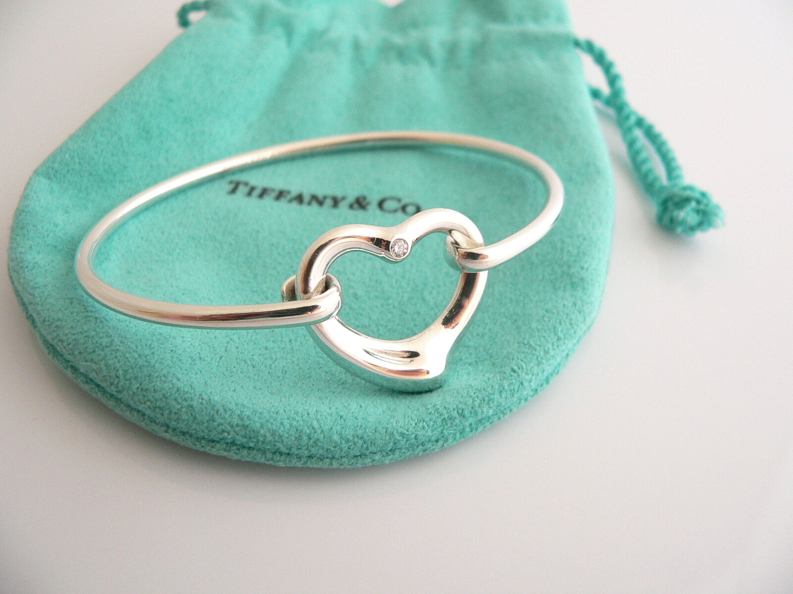 Tiffany & Co Silver Peretti Diamond Open Heart Bangle Bracelet Gift Pouch Love
