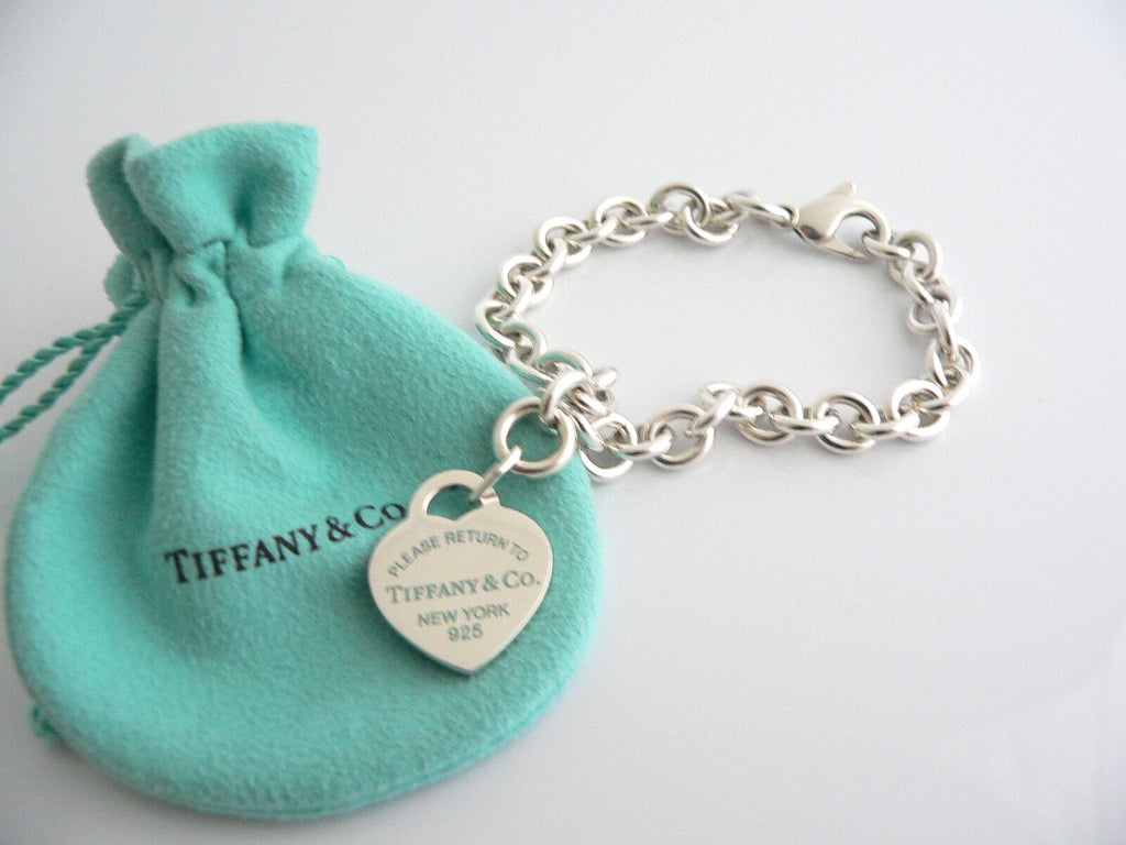 Tiffany Co Return to Silver Blue Enamel Heart Bracelet Bangle Charm 8 In Gift