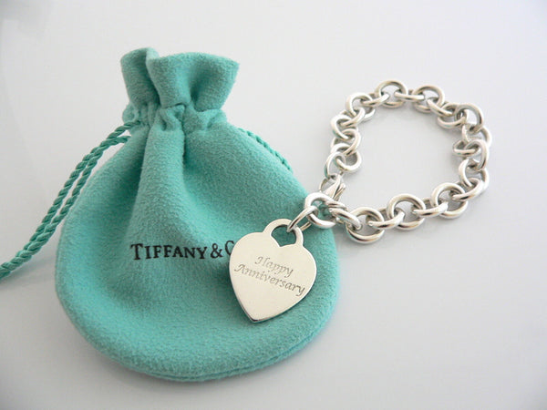 Tiffany & Co Silver HAPPY ANNIVERSARY Heart Charm Pendant Bracelet Gift Love