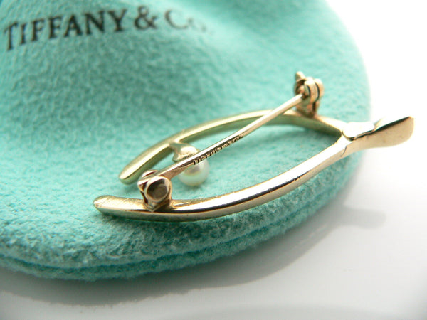 Tiffany & Co 14K Yellow Gold Pearl Pin Brooch Wishbone Wish Bone Love Gift Lucky