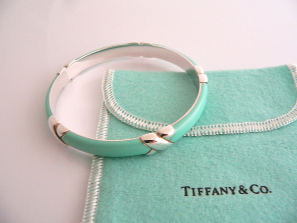 Tiffany & Co Silver Blue Enamel Signature X Bangle Bracelet Wide Gift Pouch Love