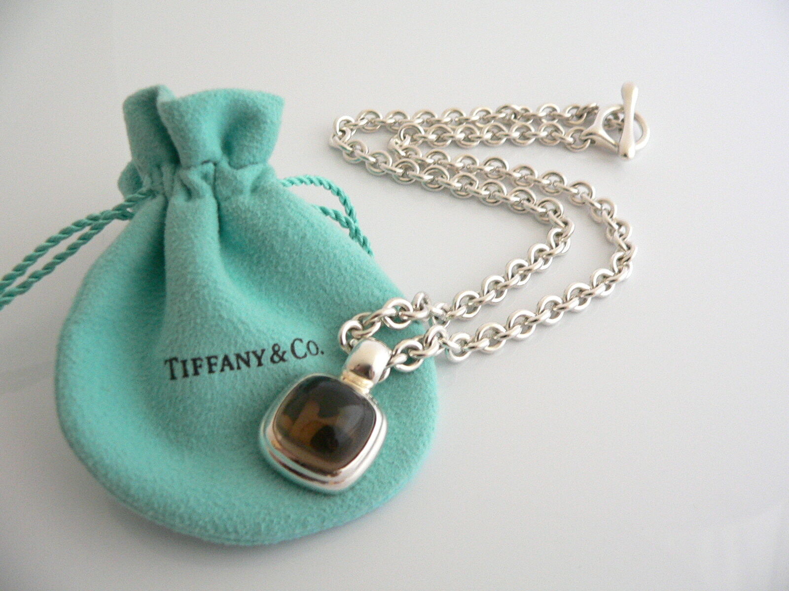 Tiffany & Co Silver Gemstone Toggle Necklace Smoky Quartz Pendant Clasp Gift Art