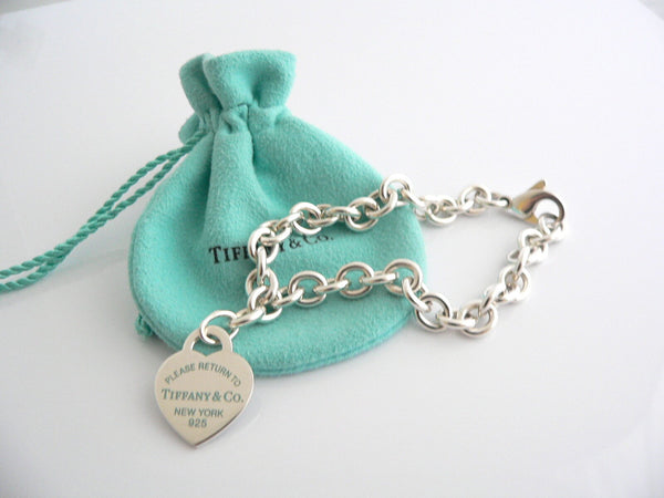 Tiffany & Co Return to Silver Blue Enamel Heart Bracelet Bangle Charm 8 In Gift