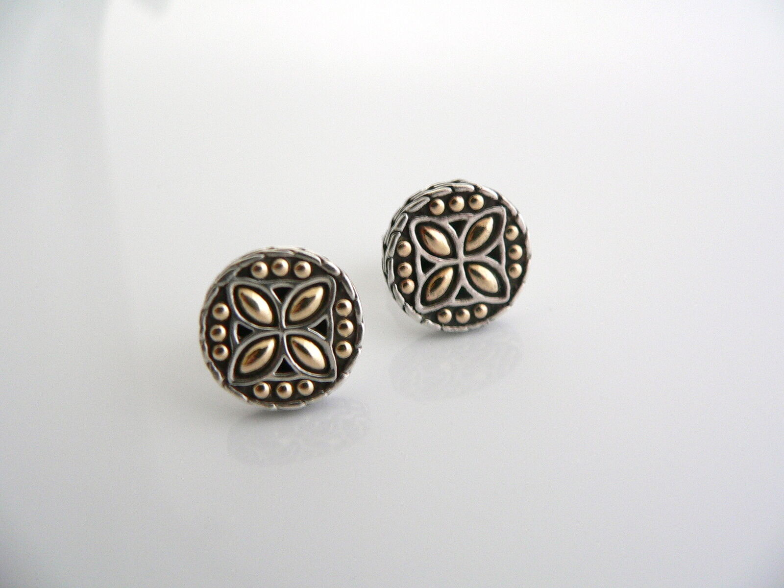 John Hardy Flower Earrings Dot Circle Round Silver 18K Gold Textured Studs Gift