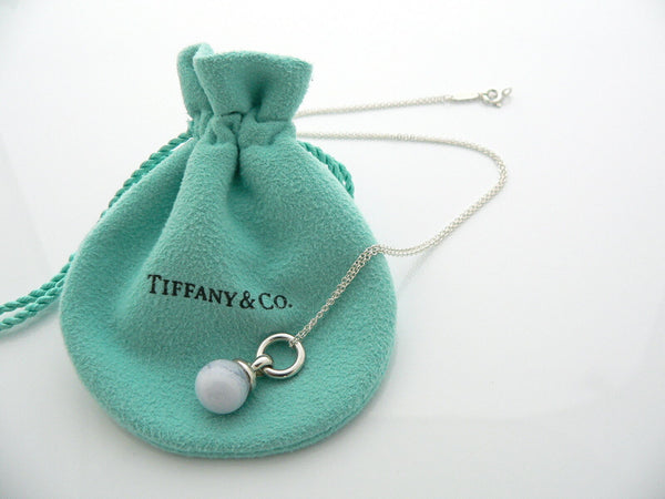Tiffany & Co Silver Blue Chalcedony Fascination Bead Necklace Pendant Gift Pouch