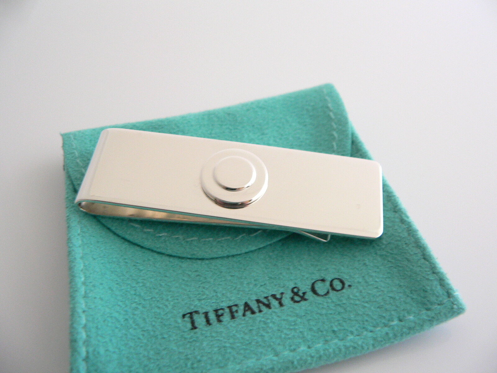 Tiffany & Co Silver Circle Engravable Money Clip Holder Rare Round Gift Pouch