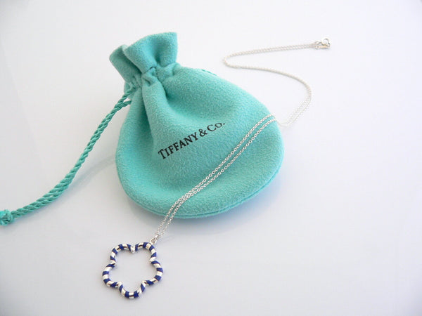 Tiffany & Co Silver Blue Flower Necklace Pendant Charm Chain Palina Gift Pouch