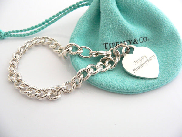 Tiffany & Co Silver HAPPY ANNIVERSARY Heart Charm Pendant Cable Bracelet Pouch