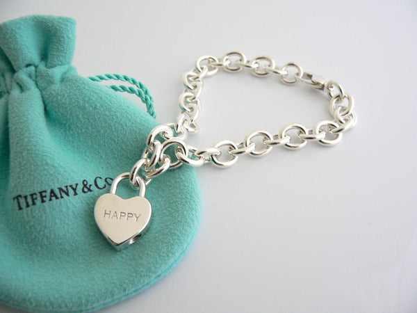 Tiffany & Co Silver HAPPY Heart Padlock Bracelet Bangle Charm Gift Pouch Love