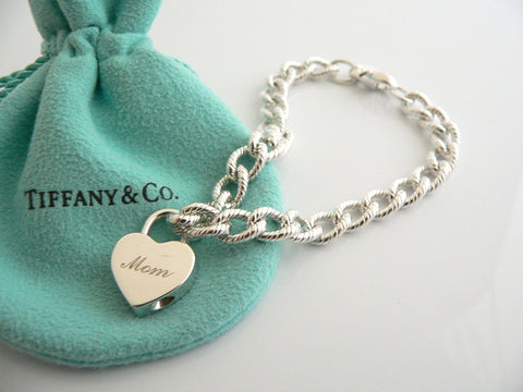 Tiffany & Co Silver MOM Heart Padlock Charm Bracelet Gift Love Textured Link