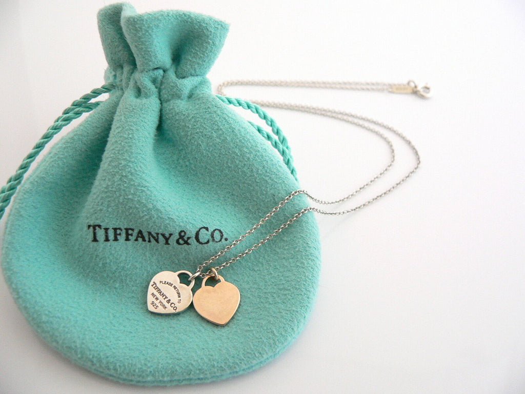 Tiffany Co Silver 18K Rose Gold Return Two Hearts Necklace Pendant Love Gift 17 Inch Longer Chain