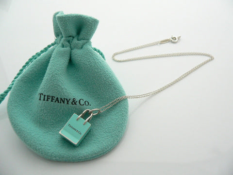 Tiffany & Co Silver Blue Enamel Shopping Bag Necklace Charm Pendant Gift Pouch