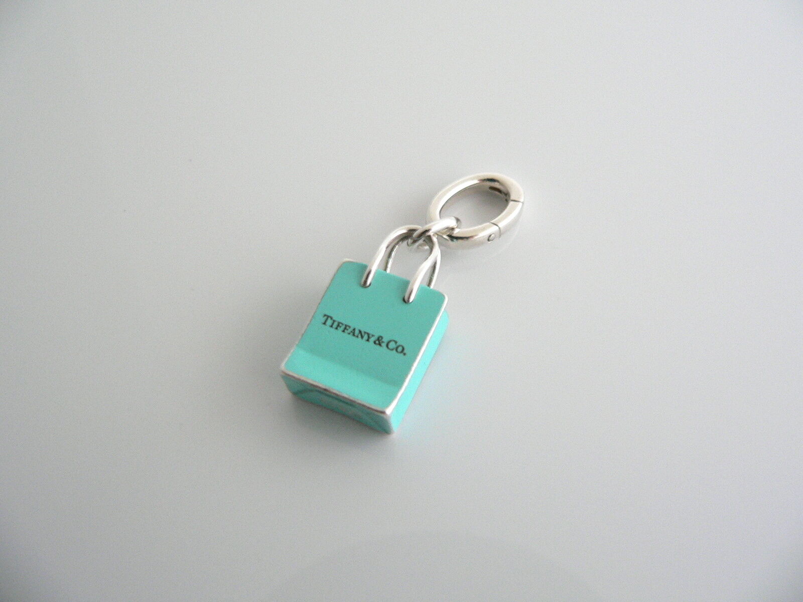 Tiffany & Co Silver Blue Enamel Shopping Bag Charm Pendant Oval Clasp Gift Love