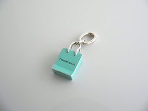 Tiffany & Co Silver Blue Enamel Shopping Bag Charm Pendant Oval Clasp Gift Love