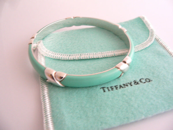 Tiffany & Co Silver Blue Enamel Signature X Bangle Bracelet Wide Gift Pouch Love