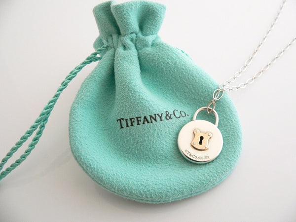 Tiffany & Co Silver 18K Gold Round Locks Necklace Pendant 18 In Oval Link Chain