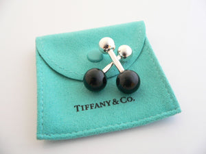 Tiffany & Co Silver Black Onyx Gemstone Barbell Cuff Link Cufflink Gift Pouch