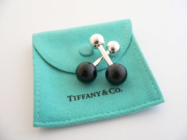 Tiffany & Co Silver Black Onyx Gemstone Barbell Cuff Link Cufflink Gift Pouch