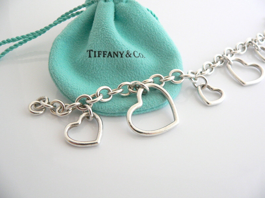 Tiffany & Co Silver 5 Hearts Dangle Bracelet Bangle Link 7.5 in Chain Gift Love