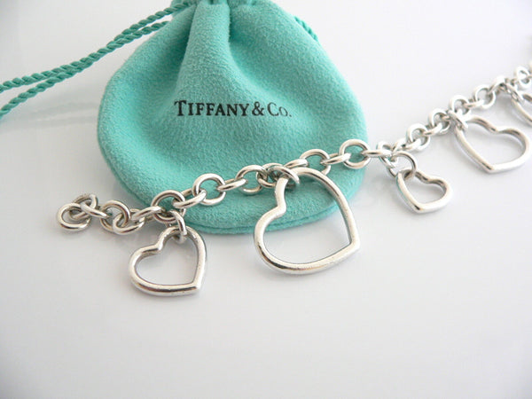 Tiffany & Co Silver 5 Hearts Dangle Bracelet Bangle Link 7.5 In Chain Gift Love