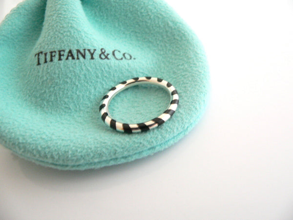 Tiffany & Co Silver Black Enamel Stripe Striped Stacking Ring Sz 5 Gift Pouch