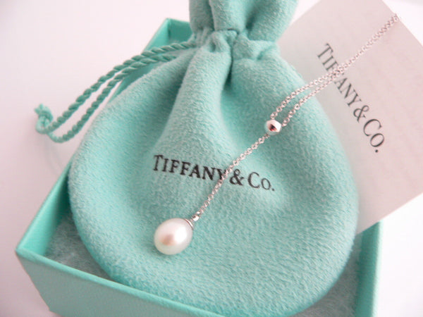 Tiffany & Co 18K Gold Pearl Dangle Dangling Necklace Pendant Chain Gift Pouch