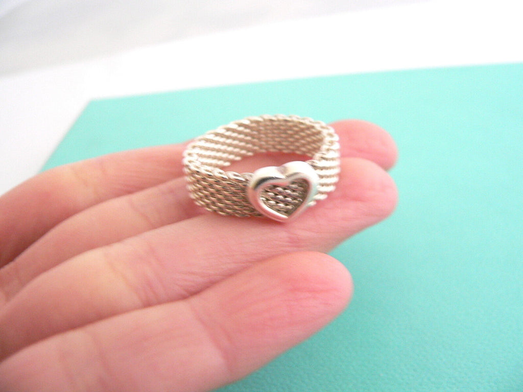 Tiffany Co Silver Heart Mesh Ring Sz 7.75 Rare Gift Love Weave Statement