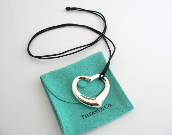 Tiffany & Co Peretti Open Heart Necklace Pendant Silk Cord Large Silver Gift