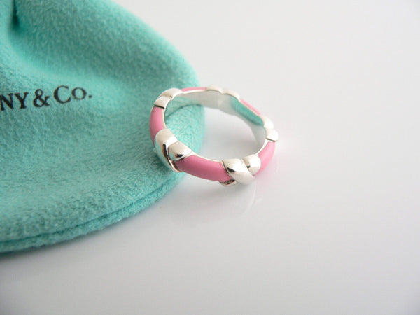 Tiffany & Co Silver Pink Enamel Signature X Stacking Ring Band Sz 6.25 Gift Love